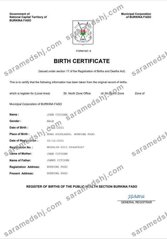 Burkina Faso birth certificate Word and PDF template
